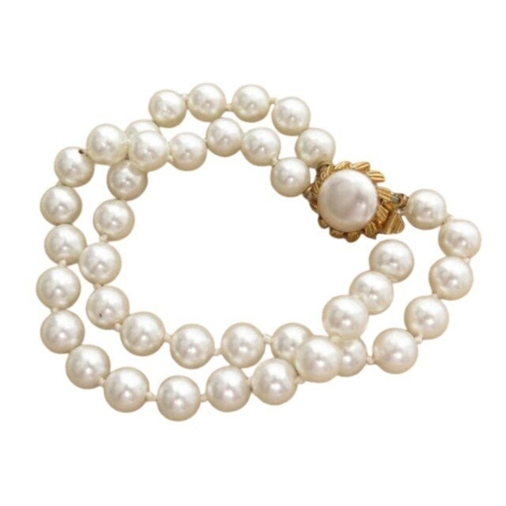 VINTAGE DOUBLE‎ STRANDED GLASS WHITE FAUX PEARL CLASSIC BRACELET